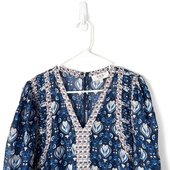 SEA NEW YORK Brigitte Border Puff Sleeve Print Dress in Navy Sz L - Picture 5 of 9